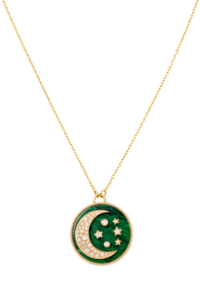 Moon Pendant Necklace, 18k Yellow Gold, Diamond & Malachite